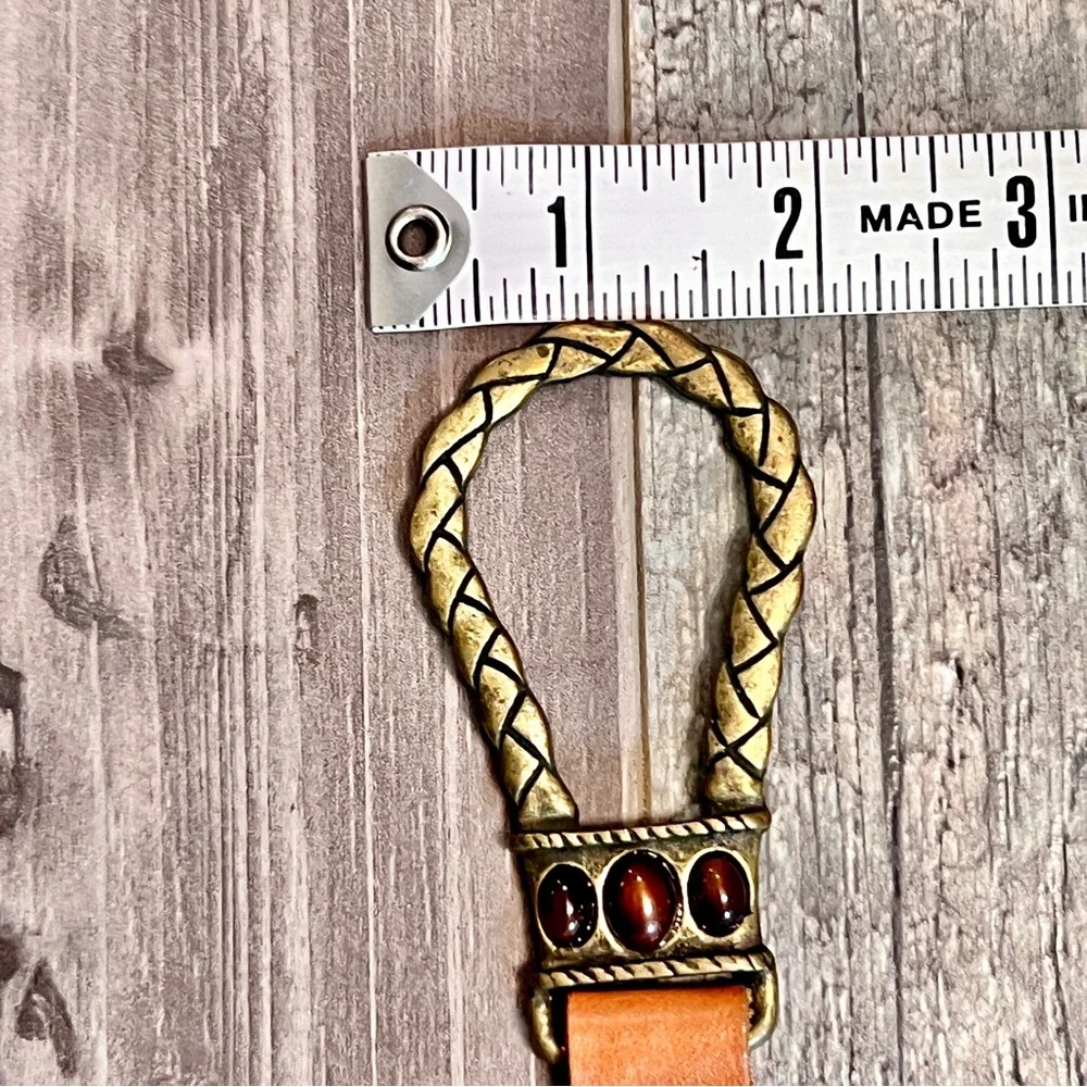 Chicos Italian Leather Brass Tone Waist Belt Size S/M Adjustable Hook Gemstones